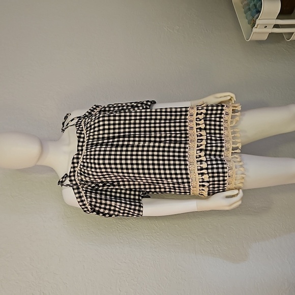DOE & RAE Black Check Lace Tassel Off Shoulder Bardot Blouse Large - Picture 2 of 9